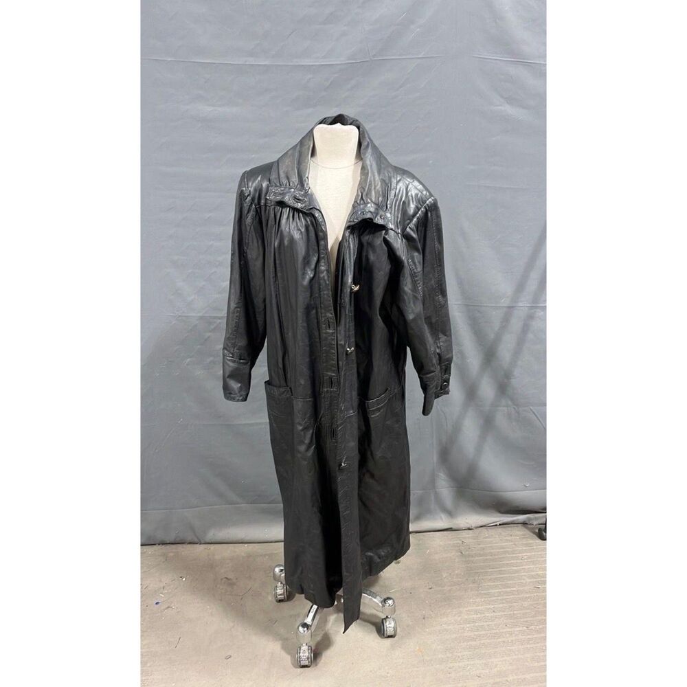 Vintage 1980's Y2K Pelle Black Belted Leather Trench Coat Dramatic Collar Large